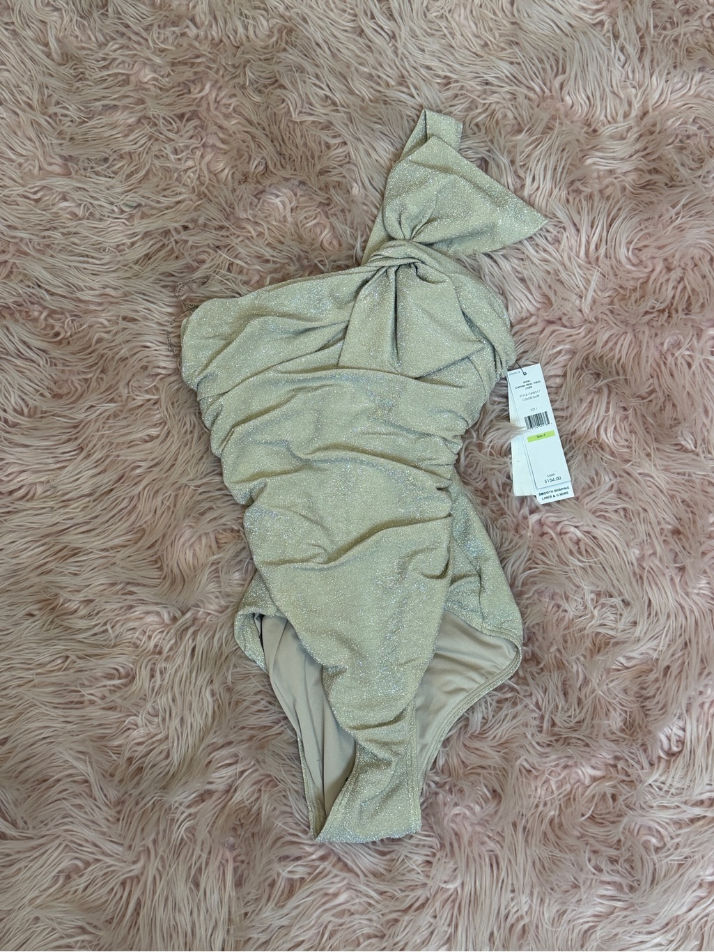 Carmen Marc Valvo Clay Shimmery One-Shoulder Swimsuit With Bow